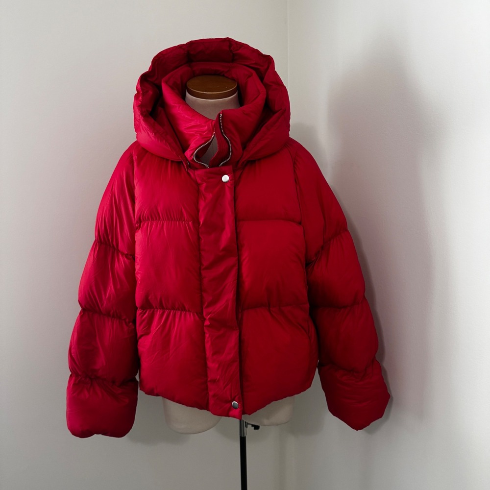 Banana Republic Small Short Puffy Puffer Jacket w/ Hood Sunset Red Down Filled